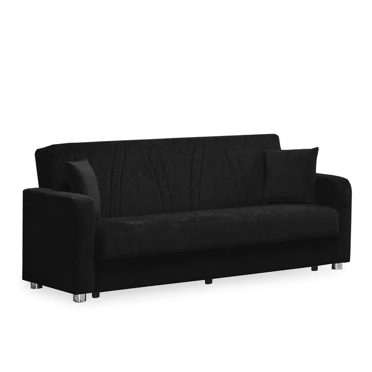 87" Black Chenille Convertible Futon Sleeper Sofa And Toss Pillows With Storage