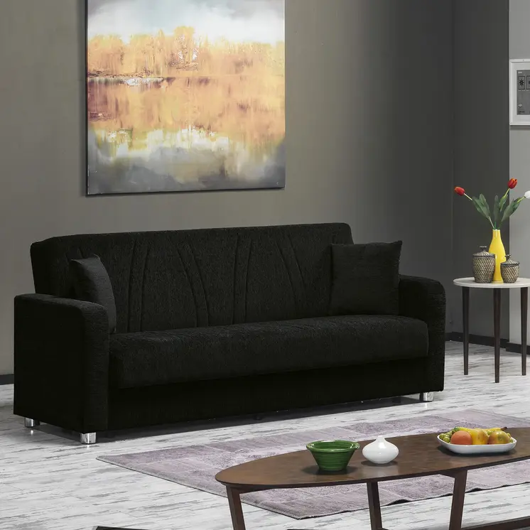 87" Black Chenille Convertible Futon Sleeper Sofa And Toss Pillows With Storage