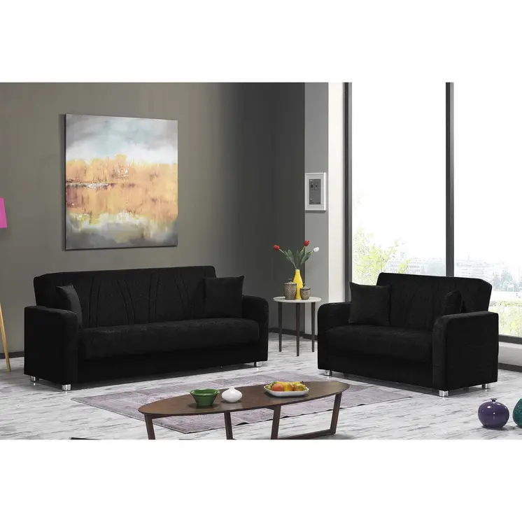 87" Black Chenille Convertible Futon Sleeper Sofa And Toss Pillows With Storage