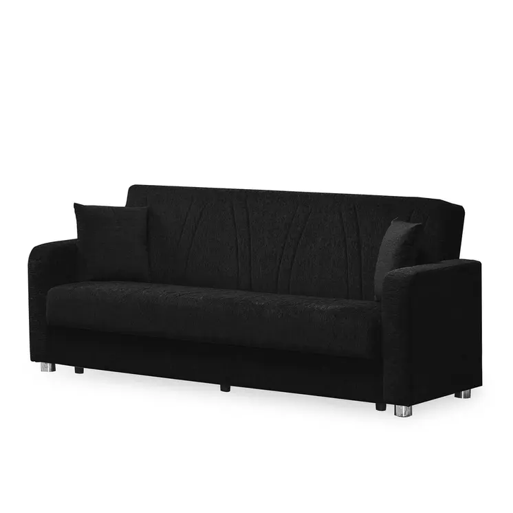 87" Black Chenille Convertible Futon Sleeper Sofa And Toss Pillows With Storage