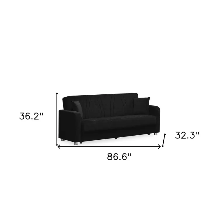 87" Black Chenille Convertible Futon Sleeper Sofa And Toss Pillows With Storage