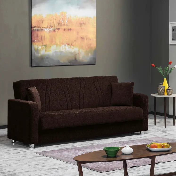 87" Dark Brown Chenille Convertible Futon Sleeper Sofa And Toss Pillows With Storage