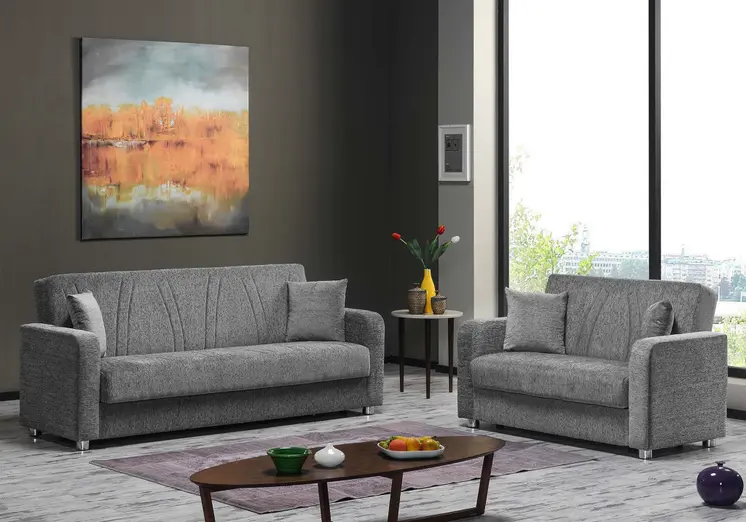 87" Gray Chenille Convertible Futon Sleeper Sofa And Toss Pillows With Storage