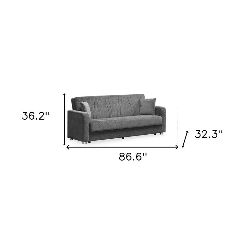 87" Gray Chenille Convertible Futon Sleeper Sofa And Toss Pillows With Storage