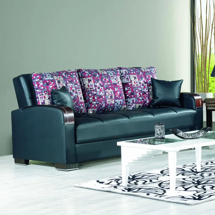87" Black Faux Leather Convertible Futon Sleeper Sofa And Toss Pillows With Storage