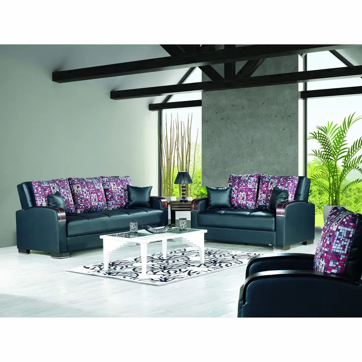 87" Black Faux Leather Convertible Futon Sleeper Sofa And Toss Pillows With Storage