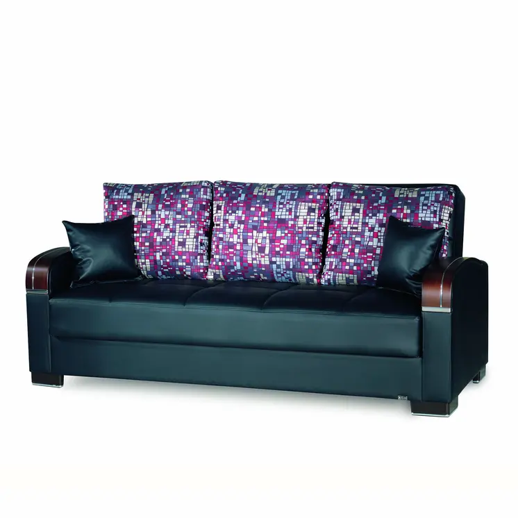 87" Black Faux Leather Convertible Futon Sleeper Sofa And Toss Pillows With Storage