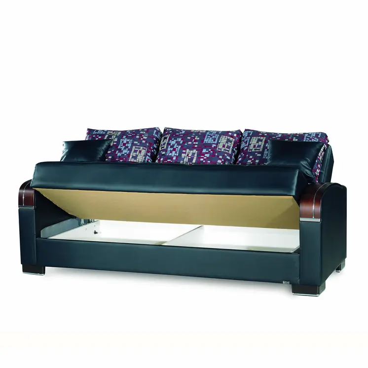 87" Black Faux Leather Convertible Futon Sleeper Sofa And Toss Pillows With Storage