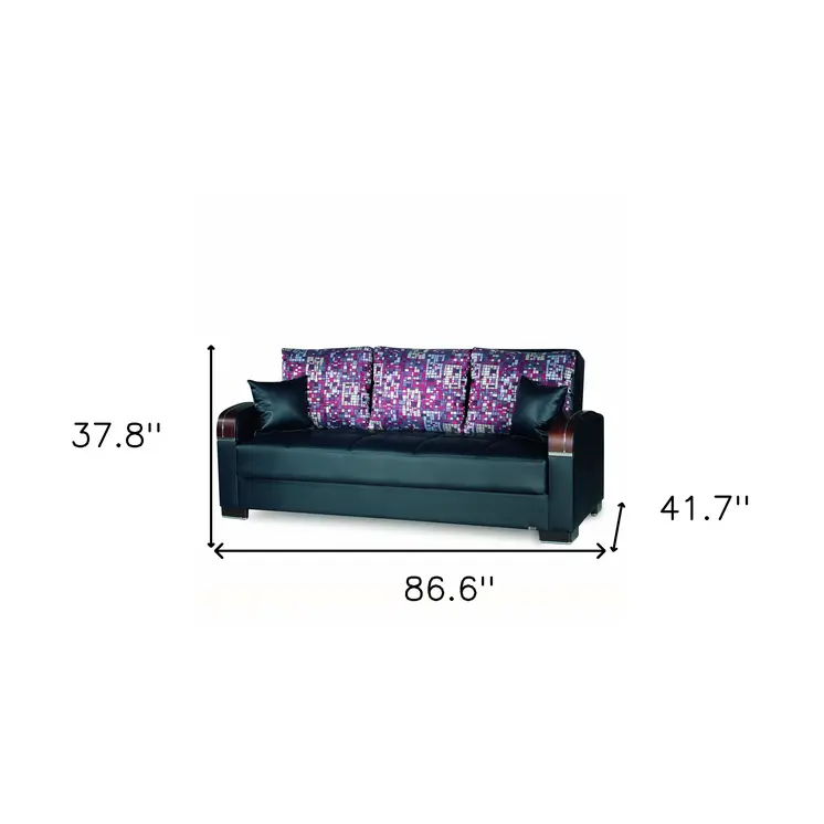 87" Black Faux Leather Convertible Futon Sleeper Sofa And Toss Pillows With Storage