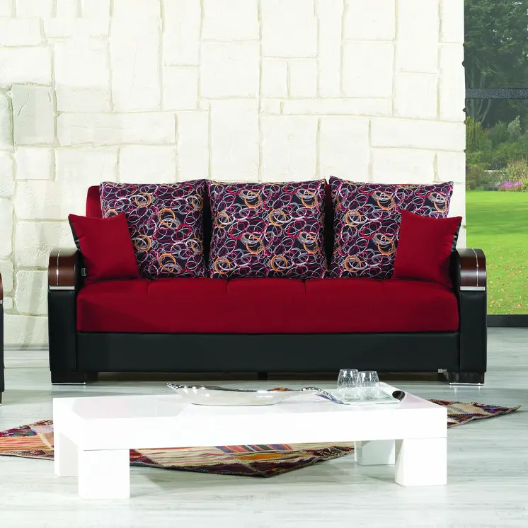 87" Red Polyester Convertible Futon Sleeper Sofa And Toss Pillows With Storage