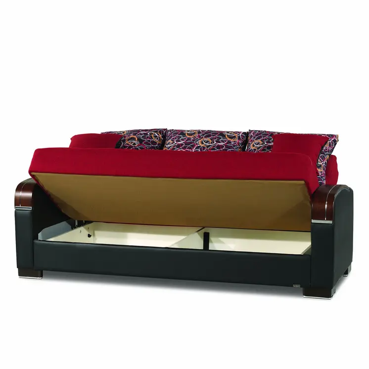 87" Red Polyester Convertible Futon Sleeper Sofa And Toss Pillows With Storage