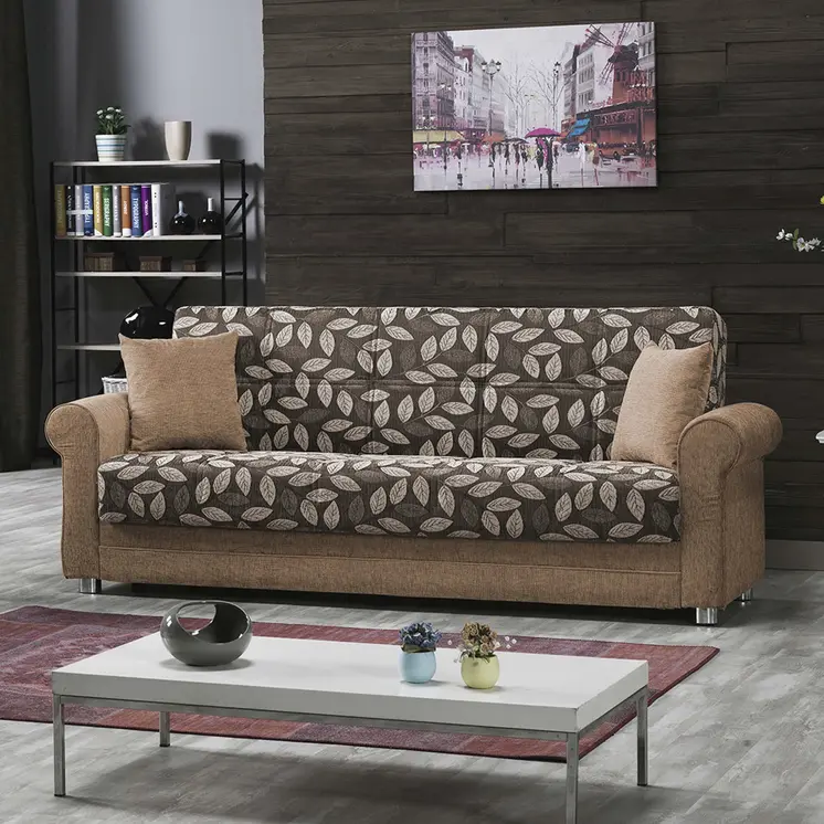 89" Beige Chenille Convertible Futon Sleeper Sofa And Toss Pillows With Storage