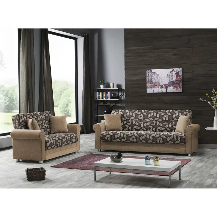 89" Beige Chenille Convertible Futon Sleeper Sofa And Toss Pillows With Storage