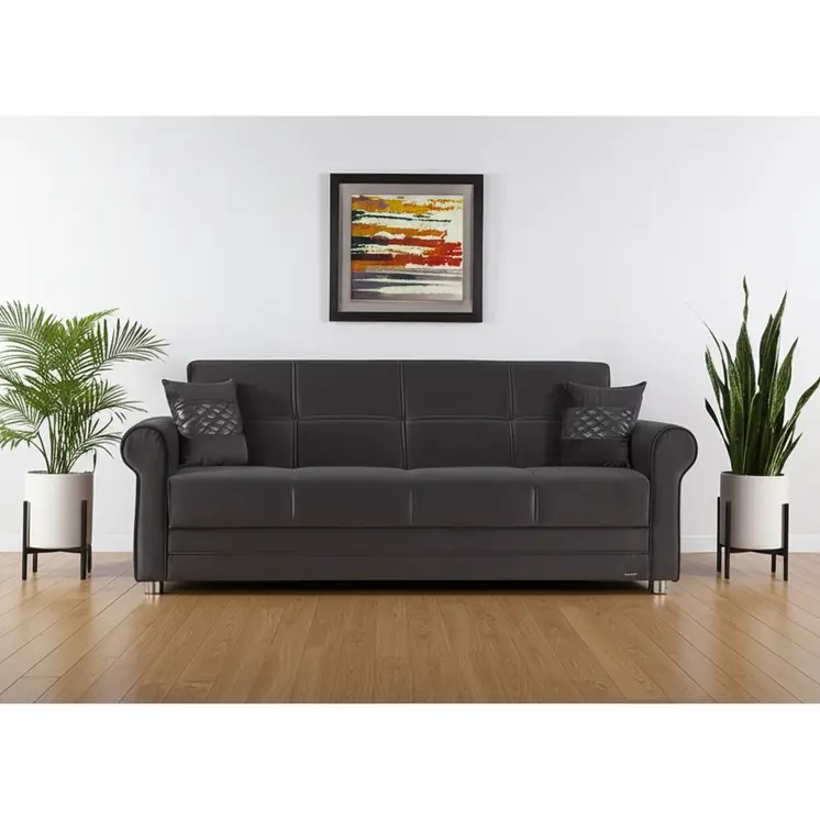 89" Black Microfiber Convertible Futon Sleeper Sofa And Toss Pillows With Storage