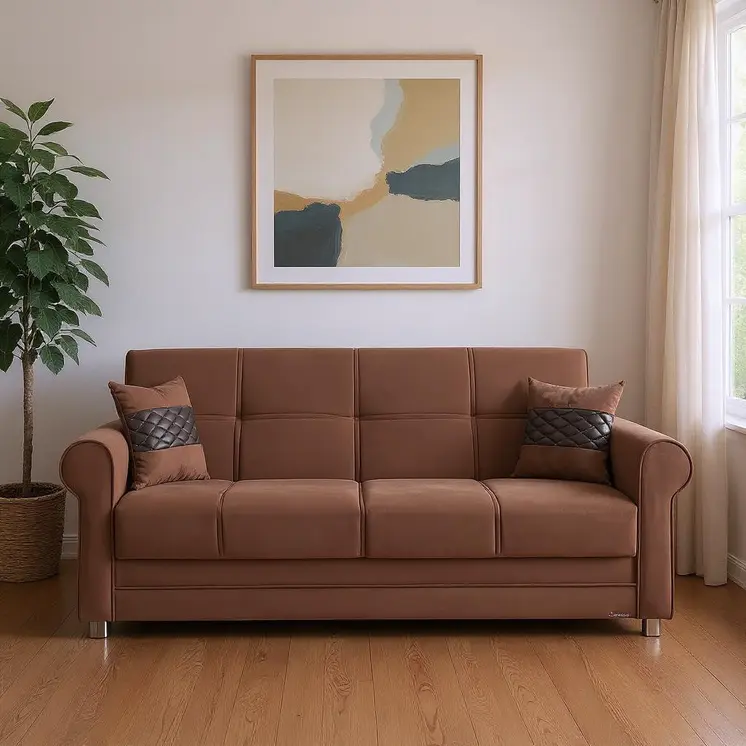 89" Brown Microfiber Convertible Futon Sleeper Sofa And Toss Pillows With Storage