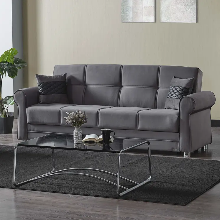 89" Gray Microfiber Convertible Futon Sleeper Sofa And Toss Pillows With Storage