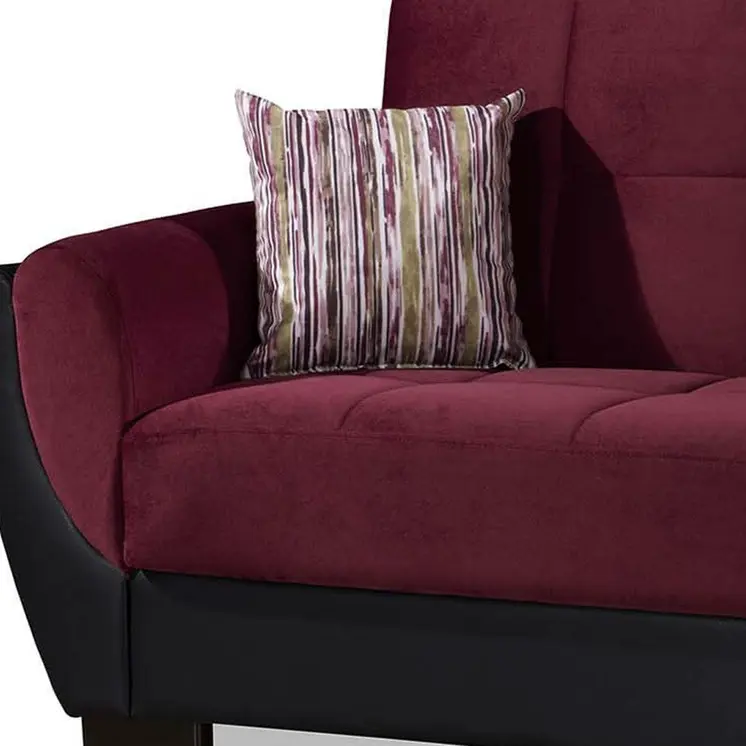 93" Burgundy Microfiber And Faux Leather Convertible Futon Sleeper Sofa And Toss Pillows With Storage