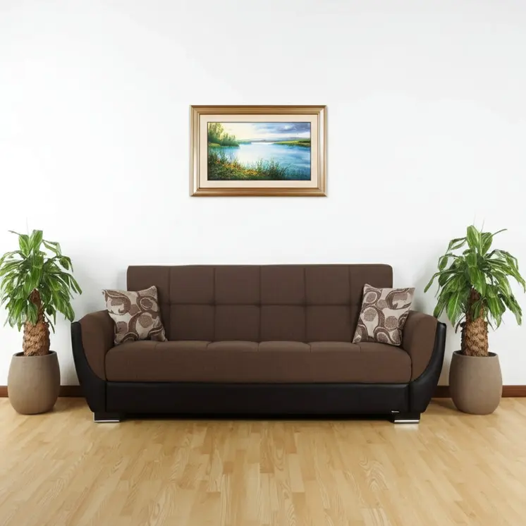 93" Brown Chenille And Faux Leather Convertible Futon Sleeper Sofa And Toss Pillows With Storage