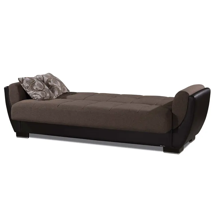 93" Brown Chenille And Faux Leather Convertible Futon Sleeper Sofa And Toss Pillows With Storage