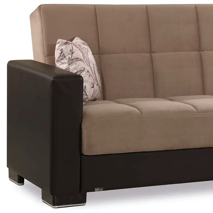 87" Sand And Brown Chenille And Faux Leather Convertible Futon Sleeper Sofa And Toss Pillows With Storage