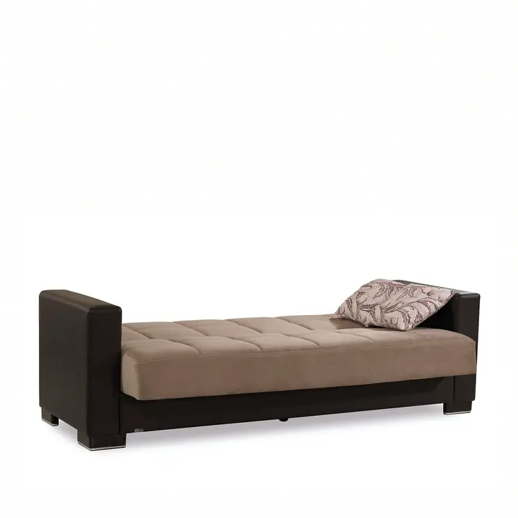 87" Sand And Brown Chenille And Faux Leather Convertible Futon Sleeper Sofa And Toss Pillows With Storage