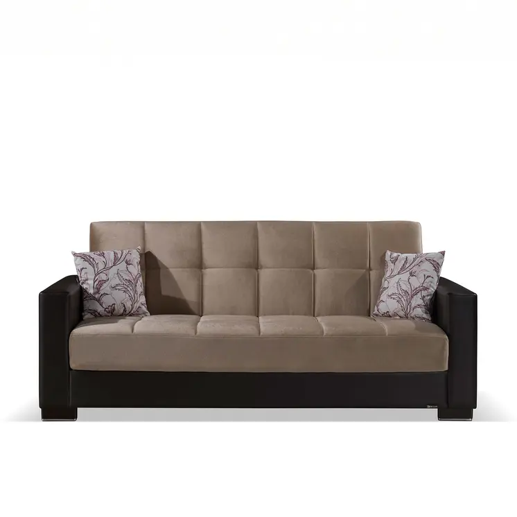 87" Sand And Brown Chenille And Faux Leather Convertible Futon Sleeper Sofa And Toss Pillows With Storage