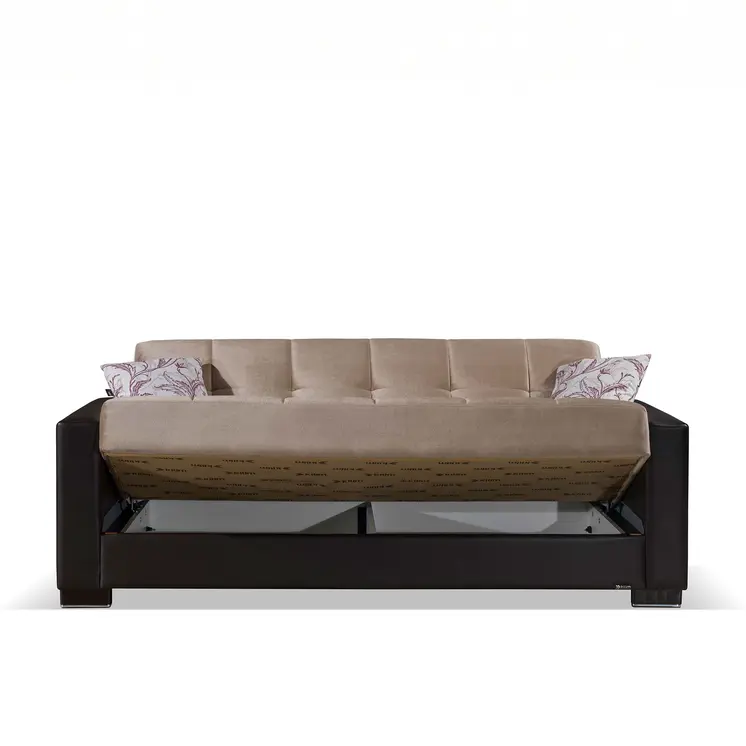 87" Sand And Brown Chenille And Faux Leather Convertible Futon Sleeper Sofa And Toss Pillows With Storage