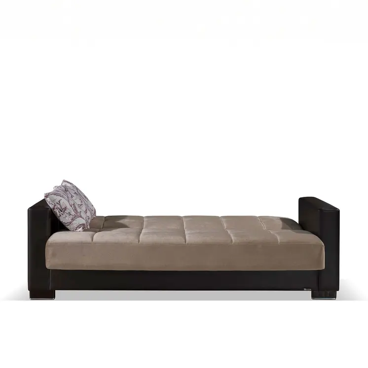 87" Sand And Brown Chenille And Faux Leather Convertible Futon Sleeper Sofa And Toss Pillows With Storage