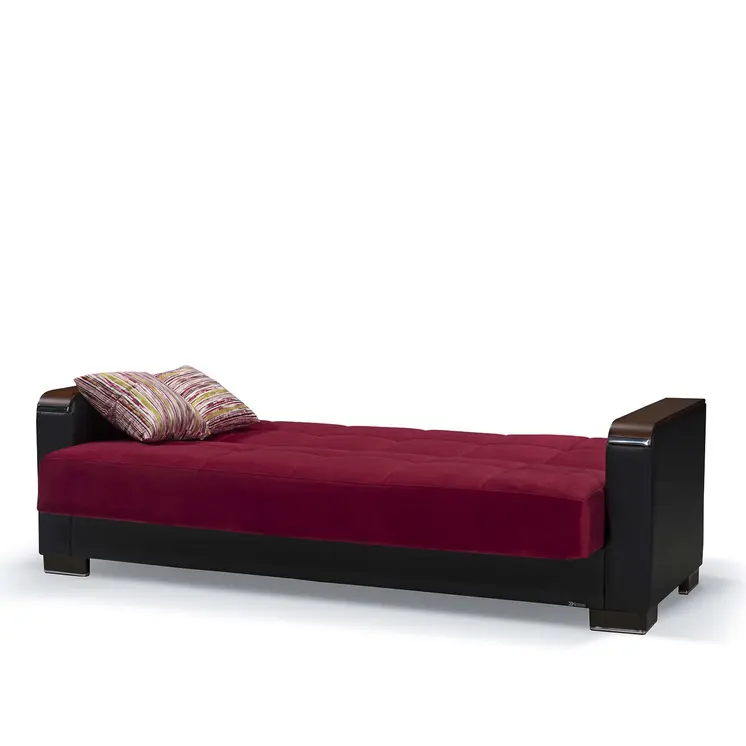 87" Burgundy Microfiber And Faux Leather Convertible Futon Sleeper Sofa And Toss Pillows With Storage