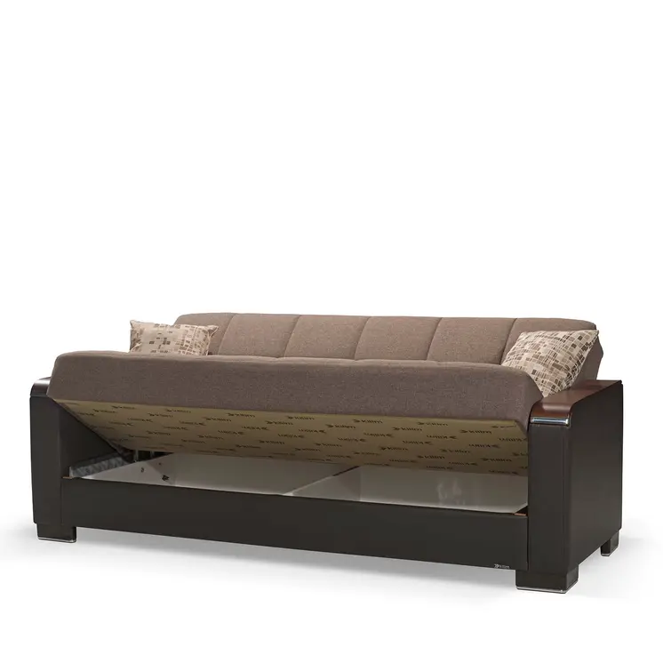 87" Brown Chenille And Faux Leather Convertible Futon Sleeper Sofa And Toss Pillows With Storage