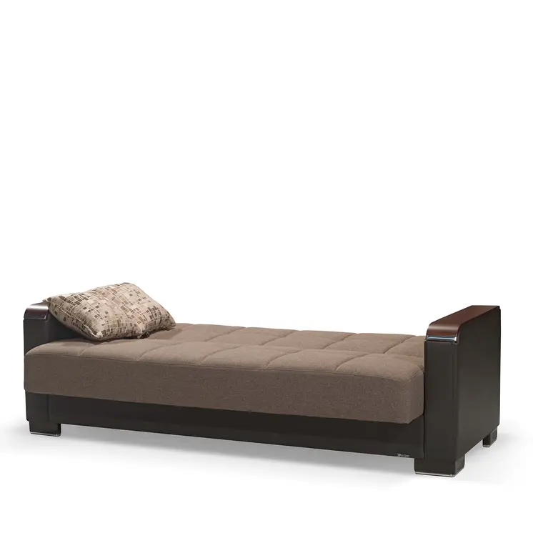 87" Brown Chenille And Faux Leather Convertible Futon Sleeper Sofa And Toss Pillows With Storage