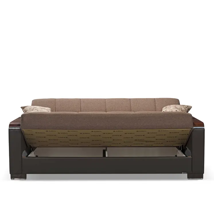 87" Brown Chenille And Faux Leather Convertible Futon Sleeper Sofa And Toss Pillows With Storage