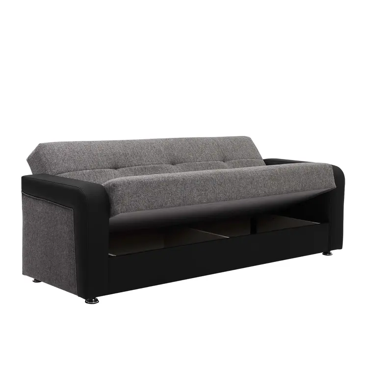 90" Gray Chenille And Faux Leather Convertible Futon Sleeper Sofa And Toss Pillows With Storage