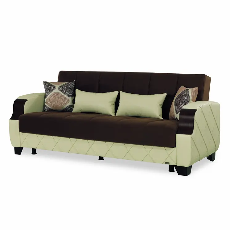 89" Dark Brown And Cream Microsuede And Faux Leather Convertible Futon Sleeper Sofa And Toss Pillows With Storage