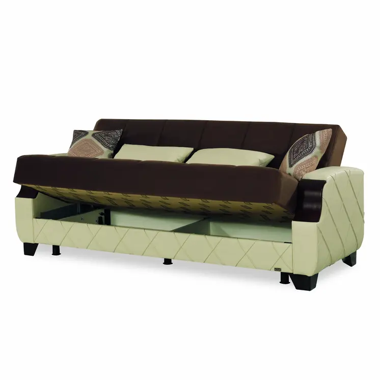 89" Dark Brown And Cream Microsuede And Faux Leather Convertible Futon Sleeper Sofa And Toss Pillows With Storage