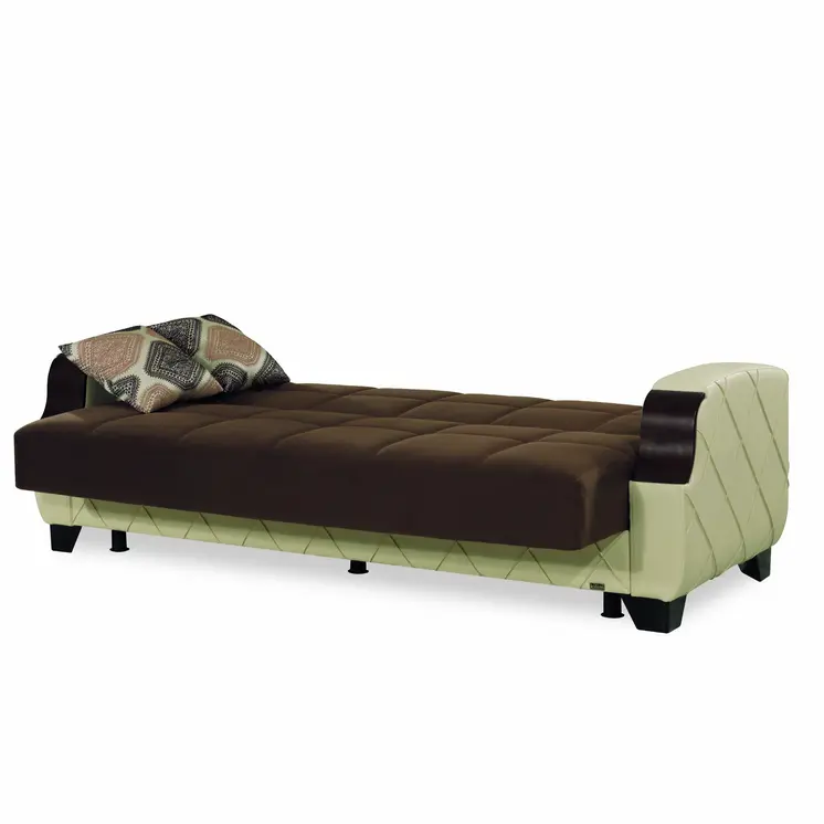 89" Dark Brown And Cream Microsuede And Faux Leather Convertible Futon Sleeper Sofa And Toss Pillows With Storage