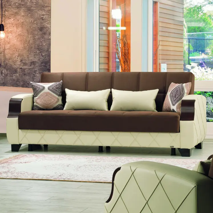 89" Dark Brown And Cream Microsuede And Faux Leather Convertible Futon Sleeper Sofa And Toss Pillows With Storage