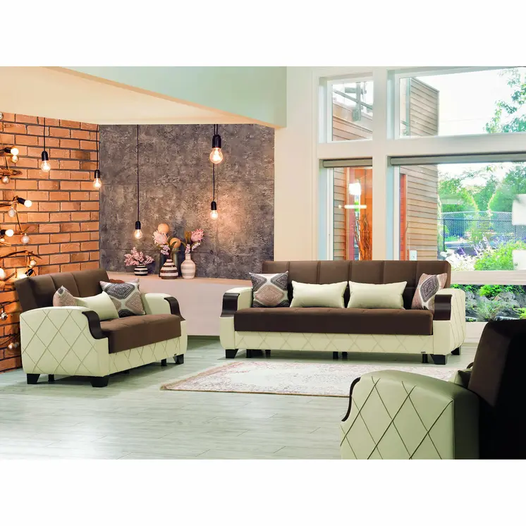 89" Dark Brown And Cream Microsuede And Faux Leather Convertible Futon Sleeper Sofa And Toss Pillows With Storage