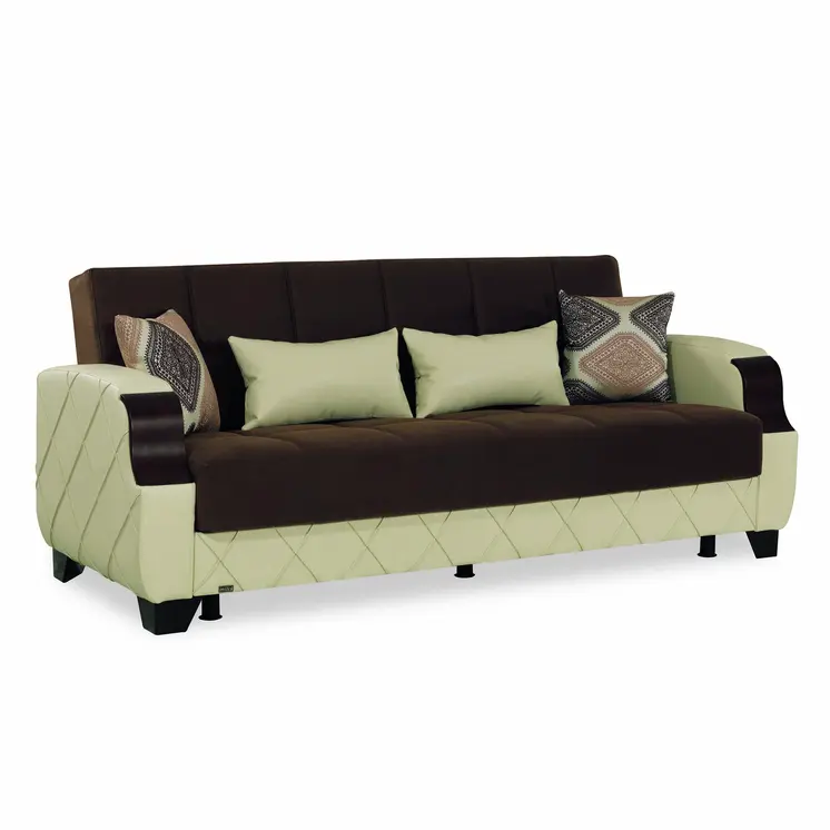 89" Dark Brown And Cream Microsuede And Faux Leather Convertible Futon Sleeper Sofa And Toss Pillows With Storage