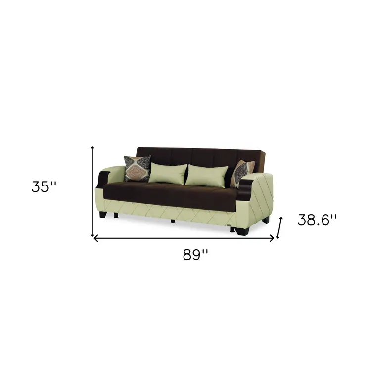 89" Dark Brown And Cream Microsuede And Faux Leather Convertible Futon Sleeper Sofa And Toss Pillows With Storage