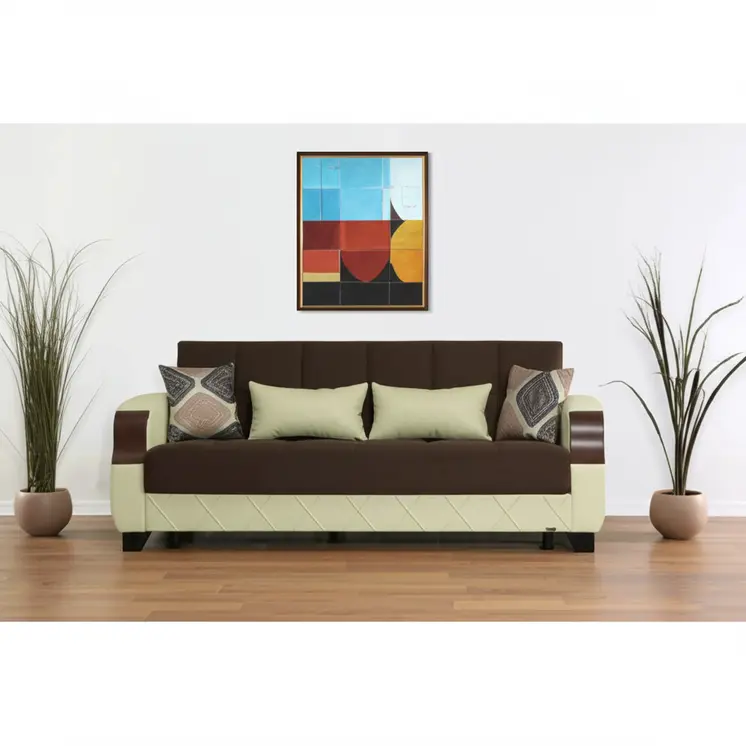 89" Dark Brown And Cream Microsuede And Faux Leather Convertible Futon Sleeper Sofa And Toss Pillows With Storage