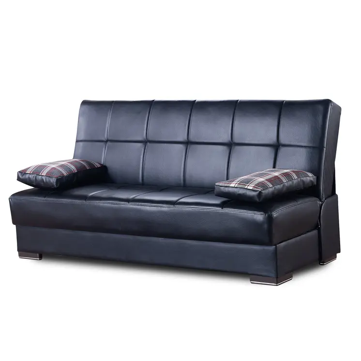 75" Black Faux Leather Convertible Futon Sleeper Sofa And Toss Pillows With Storage