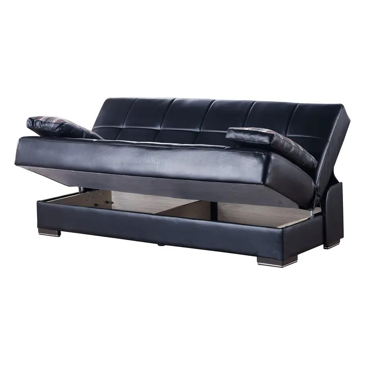 75" Black Faux Leather Convertible Futon Sleeper Sofa And Toss Pillows With Storage