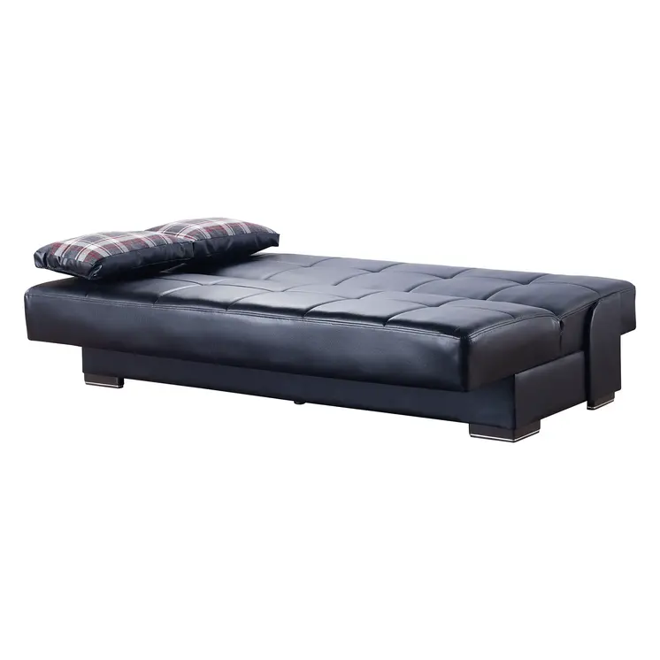 75" Black Faux Leather Convertible Futon Sleeper Sofa And Toss Pillows With Storage