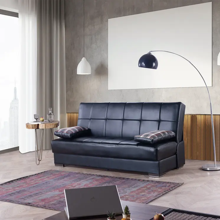 75" Black Faux Leather Convertible Futon Sleeper Sofa And Toss Pillows With Storage