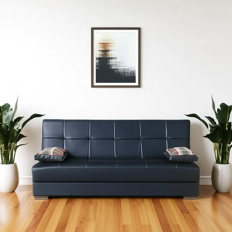 75" Black Faux Leather Convertible Futon Sleeper Sofa And Toss Pillows With Storage