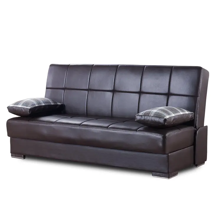 75" Brown Faux Leather Convertible Futon Sleeper Sofa And Toss Pillows With Storage
