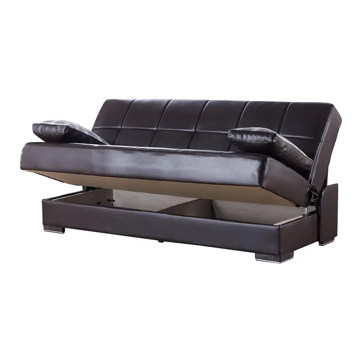 75" Brown Faux Leather Convertible Futon Sleeper Sofa And Toss Pillows With Storage