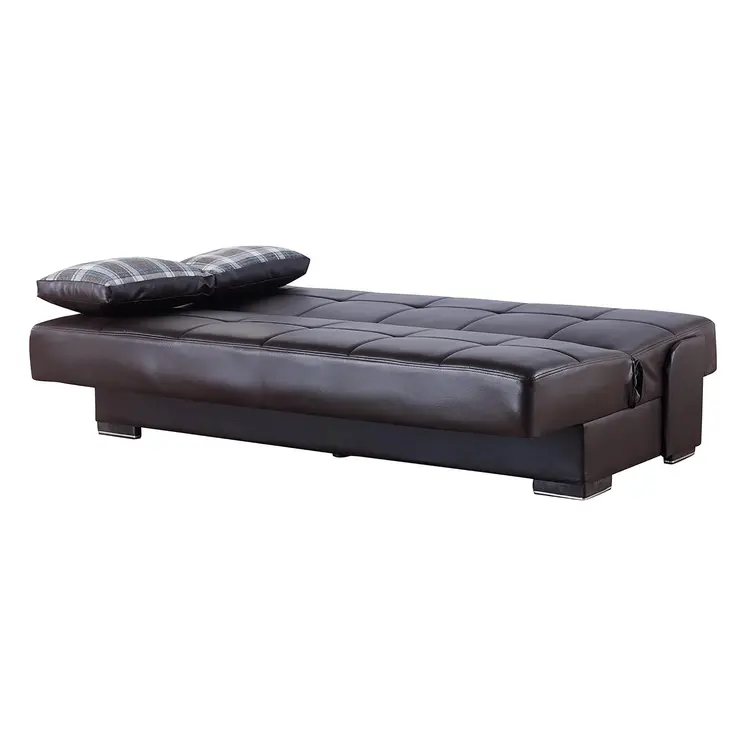 75" Brown Faux Leather Convertible Futon Sleeper Sofa And Toss Pillows With Storage