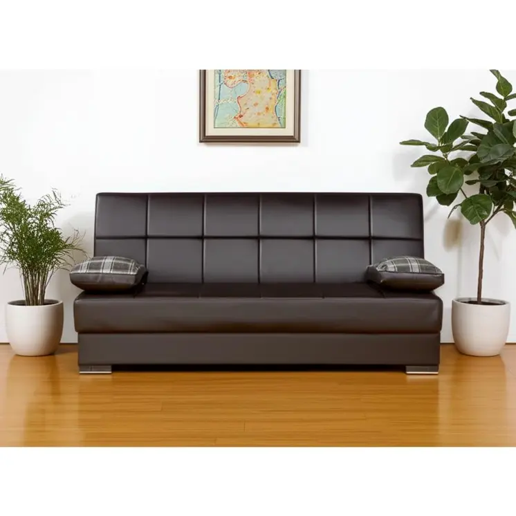 75" Brown Faux Leather Convertible Futon Sleeper Sofa And Toss Pillows With Storage